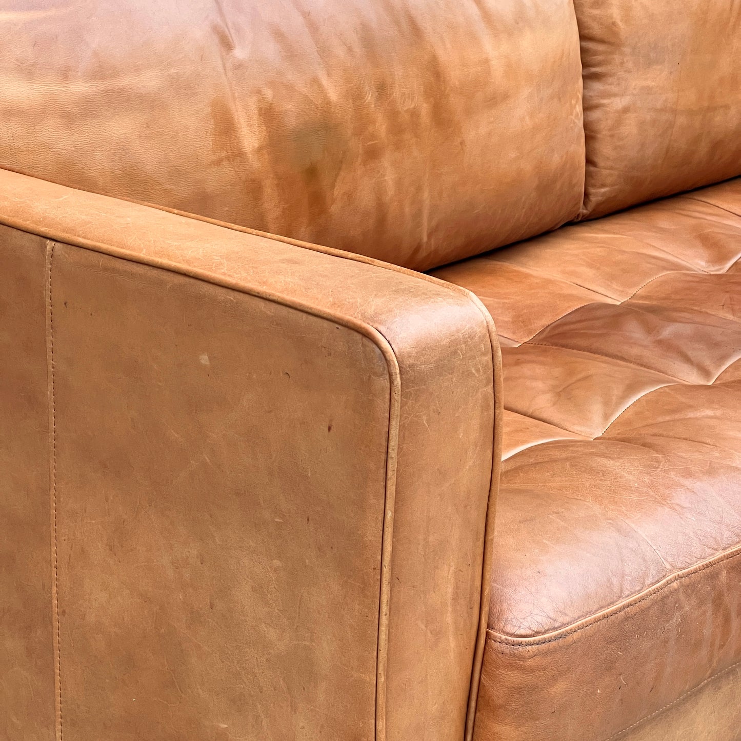 $900 Delivered | HD Buttercup Cognac Leather Tufted Sofa Down Filling