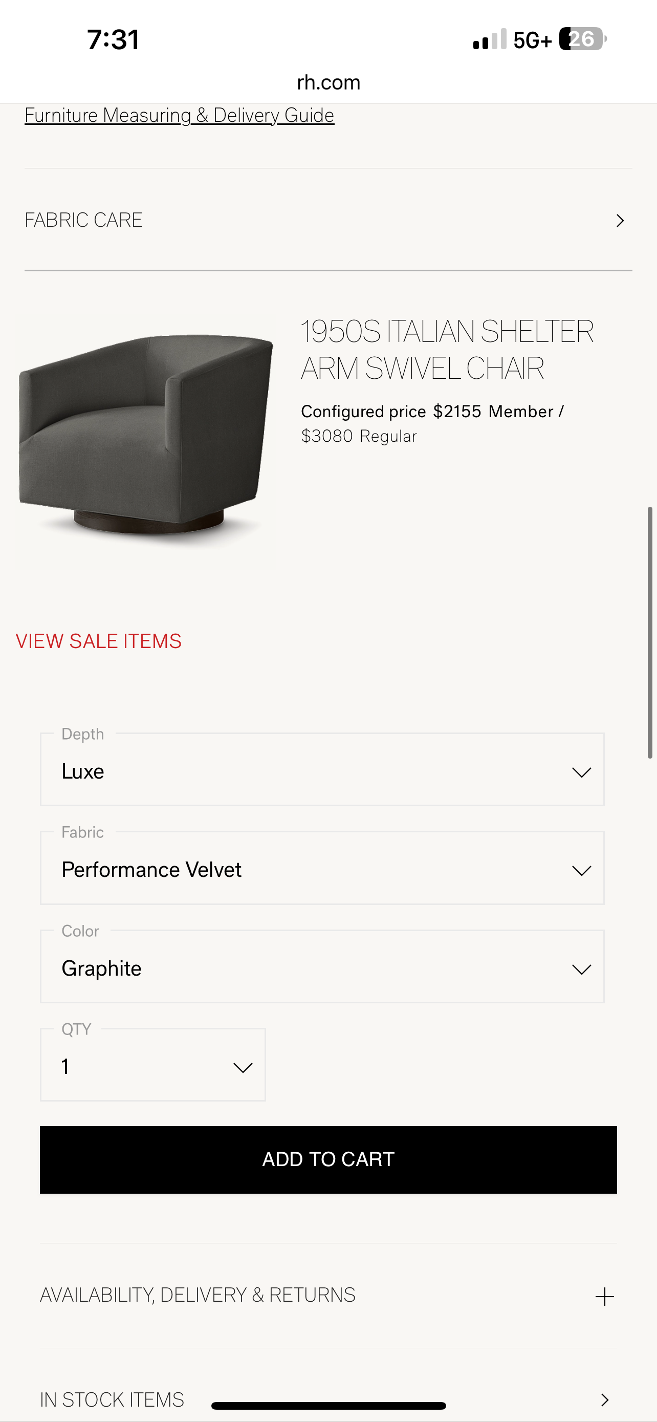 $1,700 Delivered | RH Restoration Hardware Shelter Swivel Chair (2) Graphite Velvet Luxe Depth