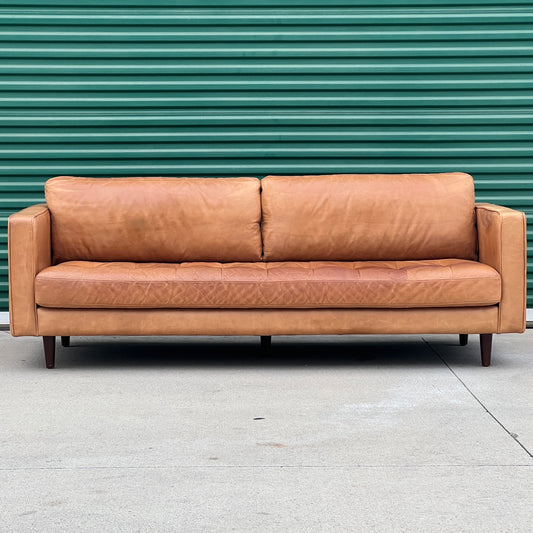 $900 Delivered | HD Buttercup Cognac Leather Tufted Sofa Down Filling